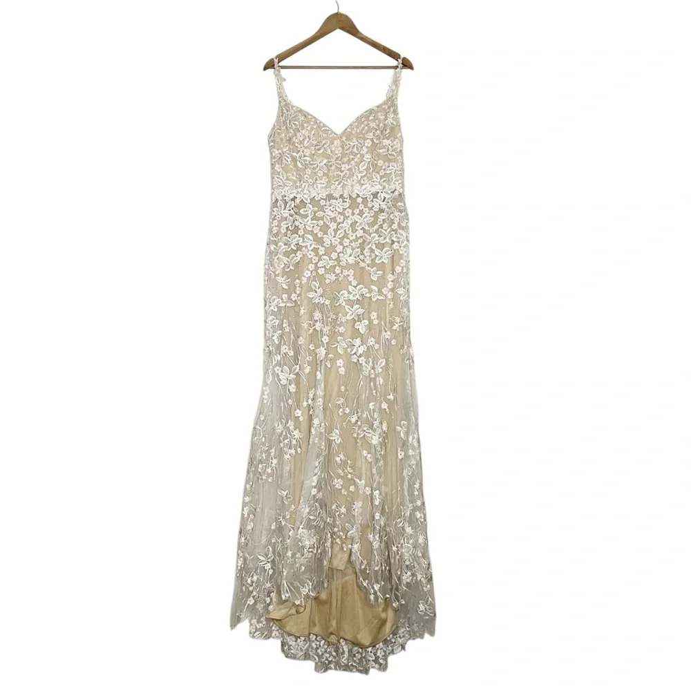 Mac Duggal Cream Floral Lace 12 Beige Embroidered Tulle Trumpet Gown Nude - Picture 4 of 13